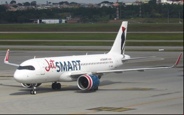 Airbus A320neo da JetSmart no aeroporto de Guarulhos, rota para Santiago foi inaugurada em abril - Divulgação