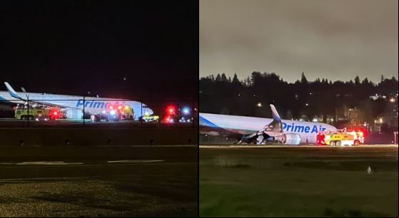 B767 da Amazon PrimeAir ultraou o limite da pista norte e parou próximo de uma cerca - Redes Sociais