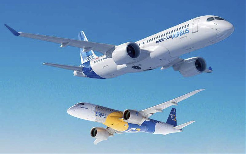 Novos A220 [acima] e o E195-E2 disputam o mercado antes dominados pelos A319 e 737-700