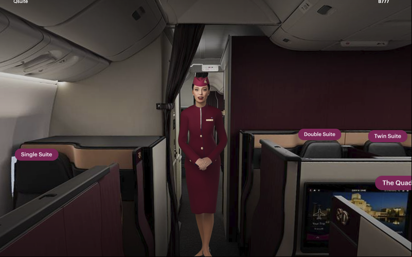 Sama acompanha o visitante em todo o tour no metaverso da Qatar Airways - Reprodução