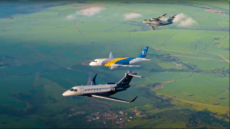 Praetor, E-Jet e KC-390 em voo em video especial da Embraer